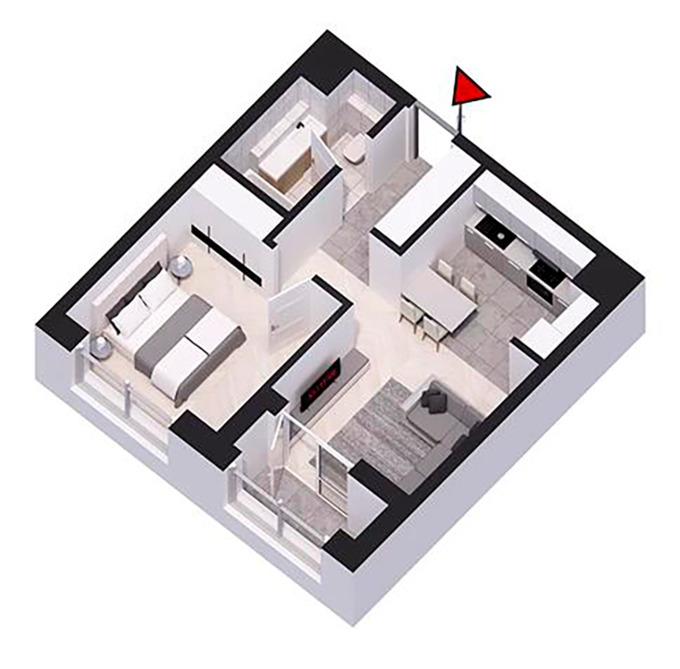 Планировка 1-комнатные квартиры, 43.64 m2 в ЖК Шымкент Сити, в г. Нур-Султана (Астаны)