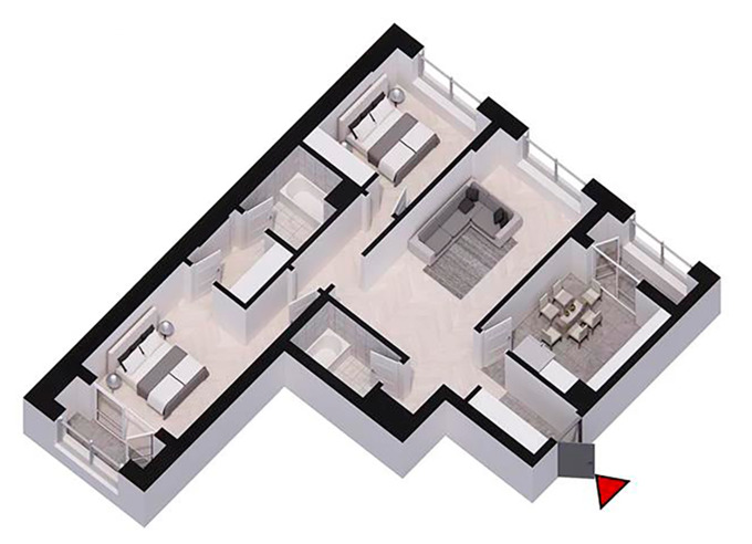 Планировка 3-комнатные квартиры, 95.54 m2 в ЖК Шымкент Сити, в г. Нур-Султана (Астаны)
