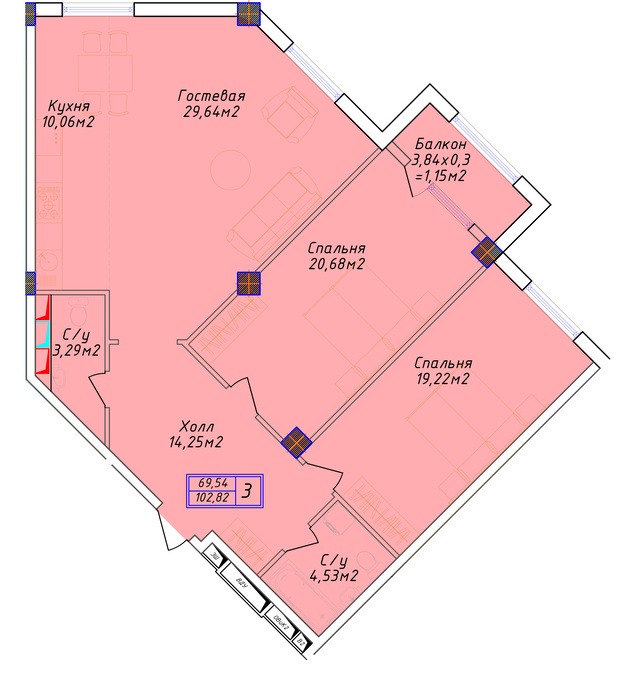Планировка 3-комнатные квартиры, 102.82 m2 в ЖК Golden Park, в г. Актау