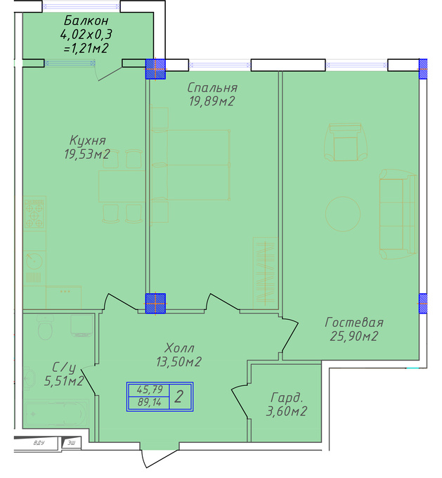 Планировка 2-комнатные квартиры, 89.14 m2 в ЖК Golden Park, в г. Актау