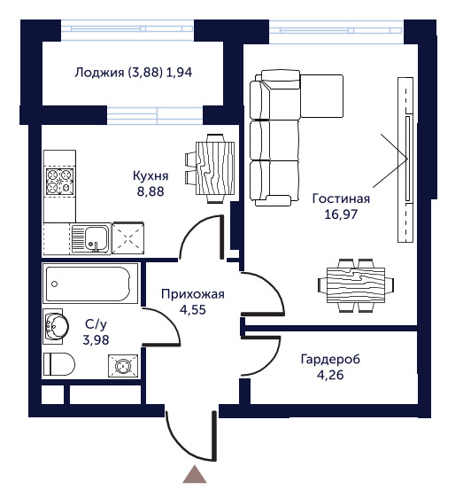 Планировка 1-комнатные квартиры, 40.58 m2 в ЖК Атмосфера, в г. Нур-Султана (Астаны)