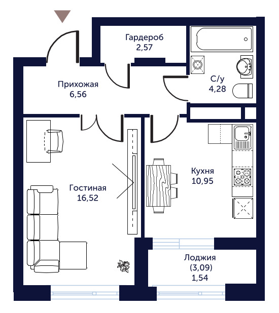 Планировка 1-комнатные квартиры, 42.43 m2 в ЖК Атмосфера, в г. Нур-Султана (Астаны)