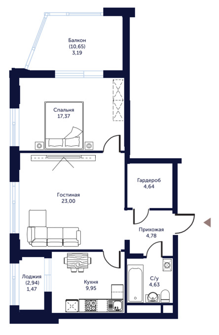 Планировка 2-комнатные квартиры, 69.04 m2 в ЖК Атмосфера, в г. Нур-Султана (Астаны)
