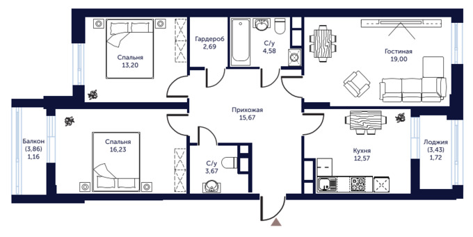Планировка 3-комнатные квартиры, 90.42 m2 в ЖК Атмосфера, в г. Нур-Султана (Астаны)