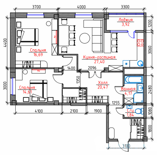 Планировка 3-комнатные квартиры, 89.1 m2 в ЖК Каусар, в г. Караганды