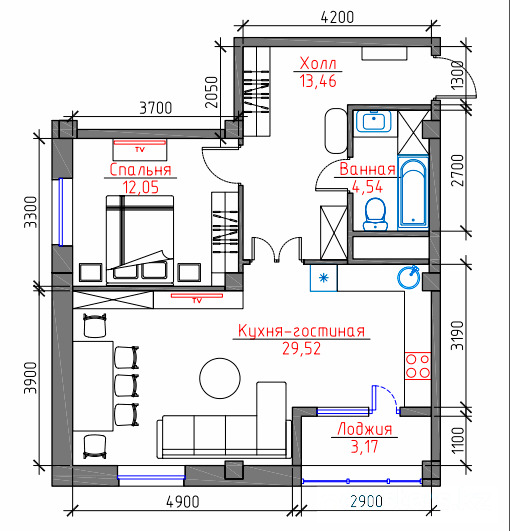 Планировка 2-комнатные квартиры, 62.74 m2 в ЖК Каусар, в г. Караганды
