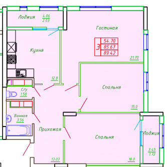 Планировка 3-комнатные квартиры, 89.42 m2 в ЖК София, в г. Нур-Султана (Астаны)