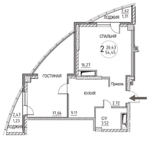 Планировка 2-комнатные квартиры, 54.45 m2 в ЖК Көркем Tower, в г. Нур-Султана (Астаны)