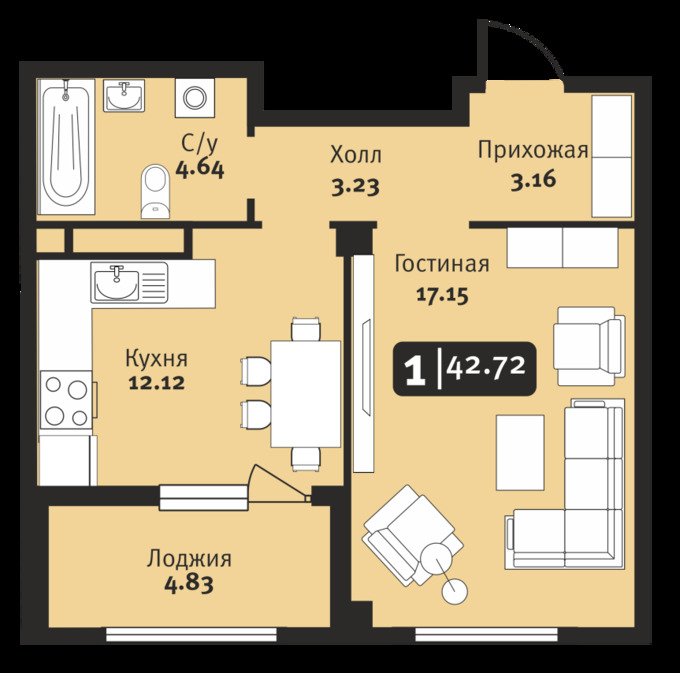 Планировка 1-комнатные квартиры, 42.72 m2 в ЖК Gloria, в г. Нур-Султана (Астаны)