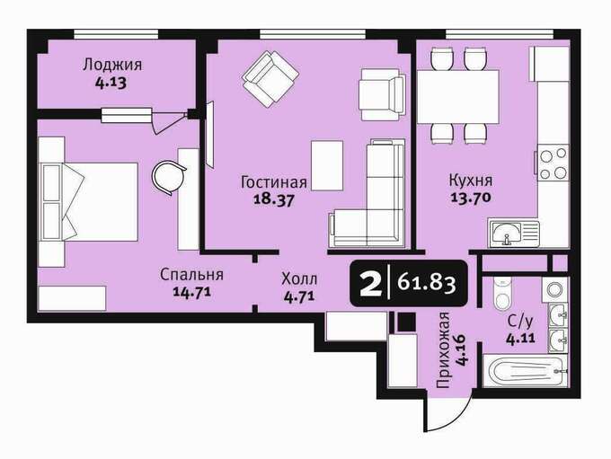 Планировка 2-комнатные квартиры, 61.83 m2 в ЖК Gloria, в г. Нур-Султана (Астаны)