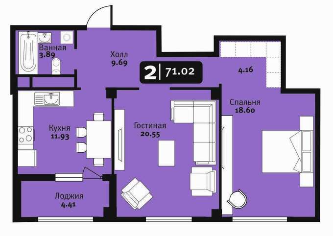 Планировка 2-комнатные квартиры, 71.02 m2 в ЖК Gloria, в г. Нур-Султана (Астаны)