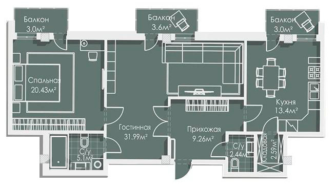 Планировка 2-комнатные квартиры, 89.09 m2 в ЖК Guriev, в г. Атырау