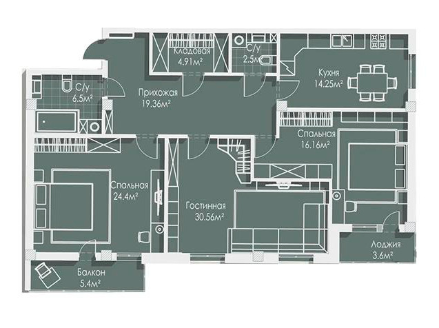 Планировка 3-комнатные квартиры, 119.23 m2 в ЖК Guriev, в г. Атырау