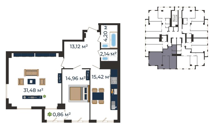 Планировка 2-комнатные квартиры, 82.26 m2 в ЖК Esil Tower, в г. Нур-Султана (Астаны)