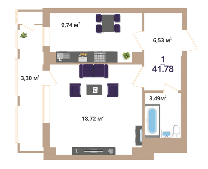 Планировка 1-комнатные квартиры, 41.78 m2 в ЖК Hazar, в г. Нур-Султана (Астаны)