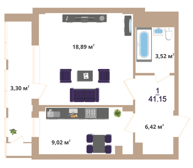 Планировка 1-комнатные квартиры, 41.15 m2 в ЖК Hazar, в г. Нур-Султана (Астаны)