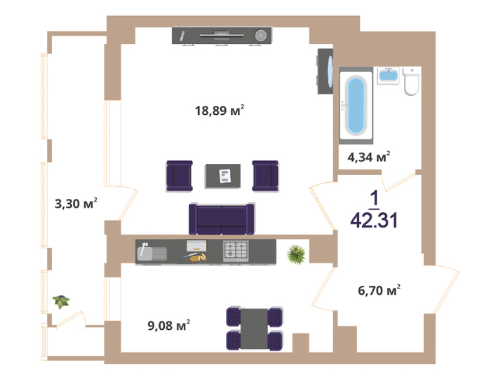 Планировка 1-комнатные квартиры, 42.31 m2 в ЖК Hazar, в г. Нур-Султана (Астаны)
