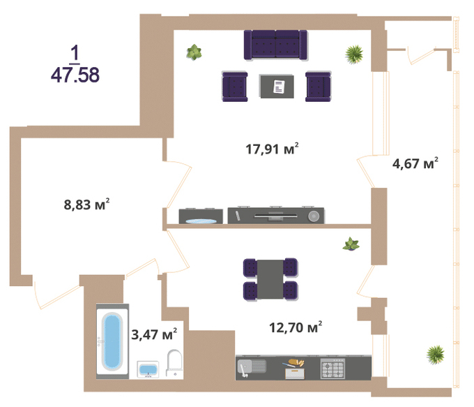 Планировка 1-комнатные квартиры, 47.58 m2 в ЖК Hazar, в г. Нур-Султана (Астаны)