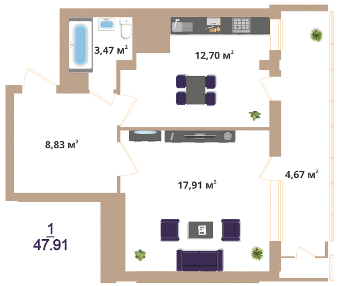 Планировка 1-комнатные квартиры, 47.91 m2 в ЖК Hazar, в г. Нур-Султана (Астаны)