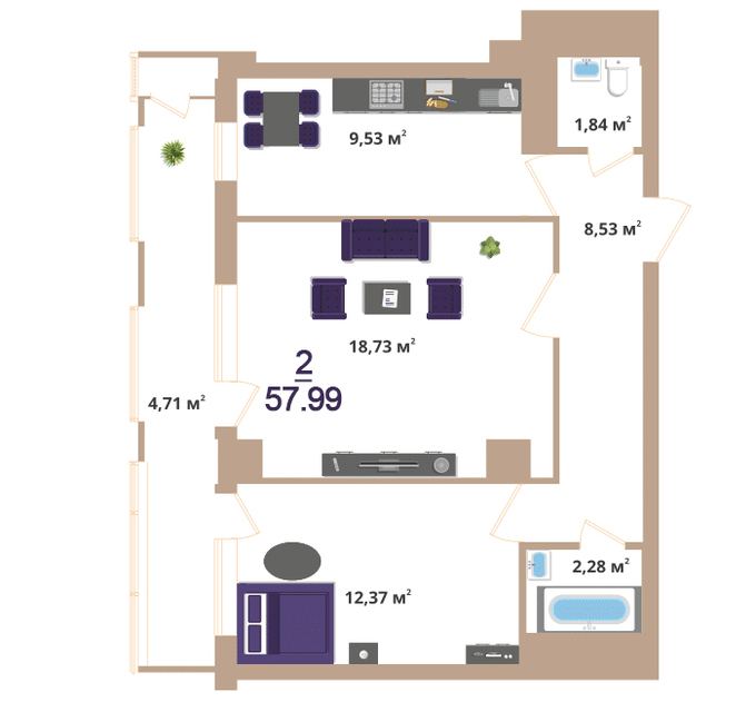 Планировка 2-комнатные квартиры, 57.99 m2 в ЖК Hazar, в г. Нур-Султана (Астаны)