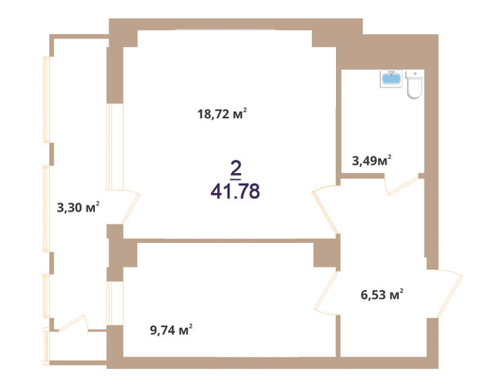 Планировка 2-комнатные квартиры, 41.78 m2 в ЖК Hazar, в г. Нур-Султана (Астаны)