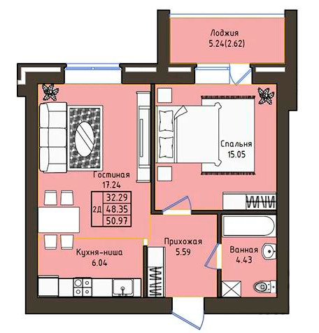 Планировка 2-комнатные квартиры, 50.97 m2 в ЖК Baitas, в г. Кокшетау