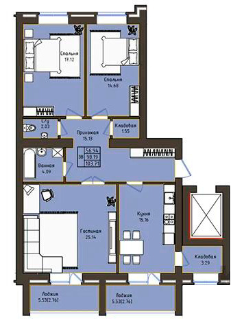 Планировка 2-комнатные квартиры, 103.71 m2 в ЖК Baitas, в г. Кокшетау