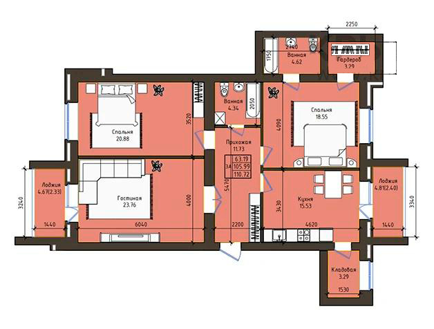 Планировка 3-комнатные квартиры, 110.72 m2 в ЖК Baitas, в г. Кокшетау