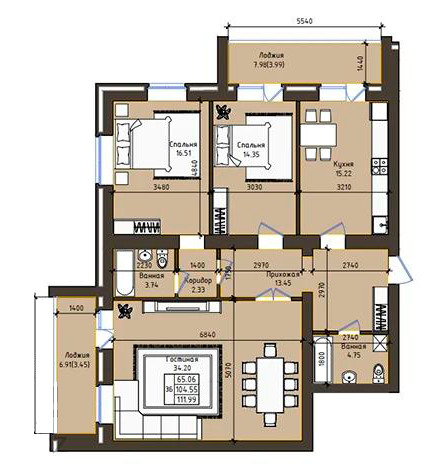 Планировка 3-комнатные квартиры, 111.99 m2 в ЖК Baitas, в г. Кокшетау
