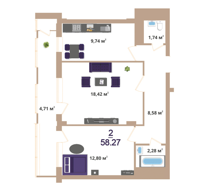 Планировка 2-комнатные квартиры, 58.27 m2 в ЖК Hazar, в г. Нур-Султана (Астаны)