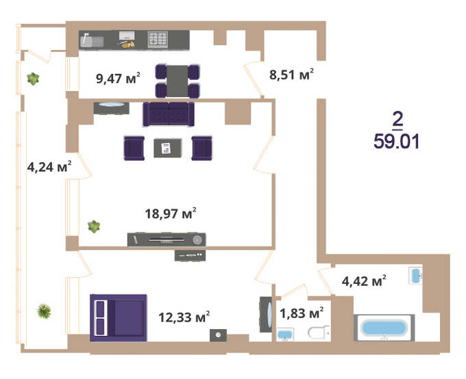 Планировка 2-комнатные квартиры, 59.01 m2 в ЖК Hazar, в г. Нур-Султана (Астаны)