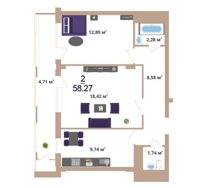Планировка 2-комнатные квартиры, 58.27 m2 в ЖК Hazar, в г. Нур-Султана (Астаны)