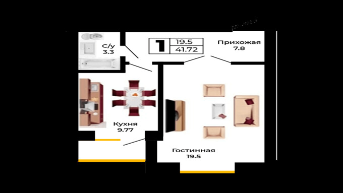 Планировка 1-комнатные квартиры, 41.72 m2 в ЖК Премьера, в г. Усть-Каменогорска