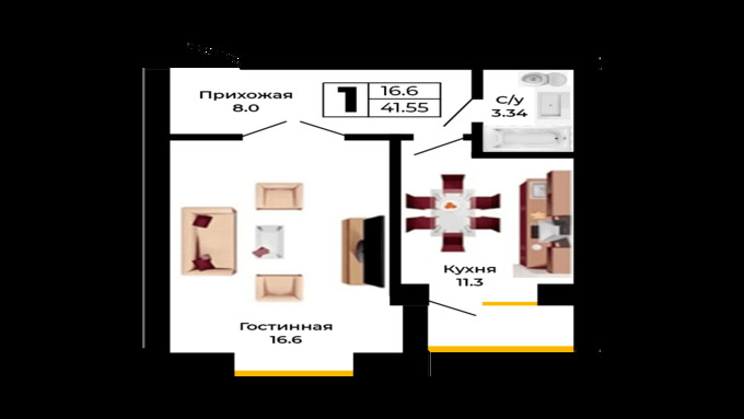 Планировка 1-комнатные квартиры, 41.55 m2 в ЖК Премьера, в г. Усть-Каменогорска