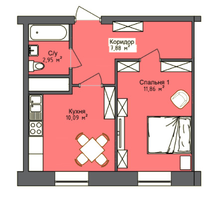 Планировка 1-комнатные квартиры, 37.28 m2 в ЖК Satti City, в г. Усть-Каменогорска