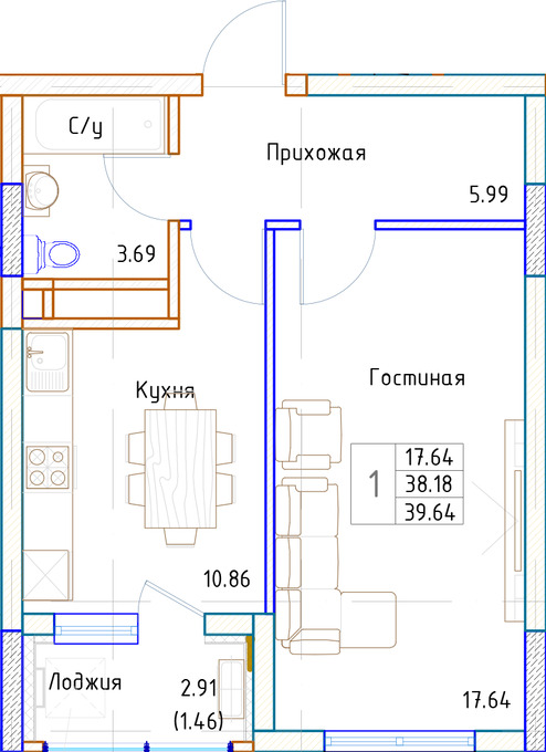 Планировка 1-комнатные квартиры, 39.64 m2 в ЖК Sancy, в г. Нур-Султана (Астаны)