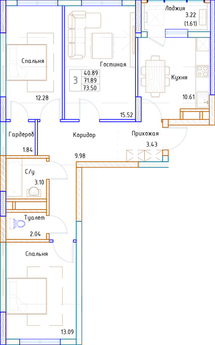 Планировка 3-комнатные квартиры, 73.47 m2 в ЖК Sancy, в г. Нур-Султана (Астаны)