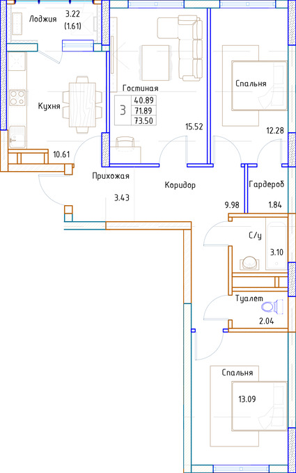 Планировка 3-комнатные квартиры, 73.47 m2 в ЖК Sancy, в г. Нур-Султана (Астаны)