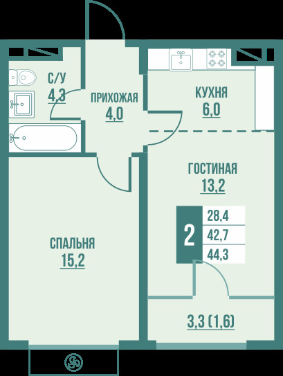 Планировка 2-комнатные квартиры, 44.3 m2 в ЖК Altyn City, в г. Алматы