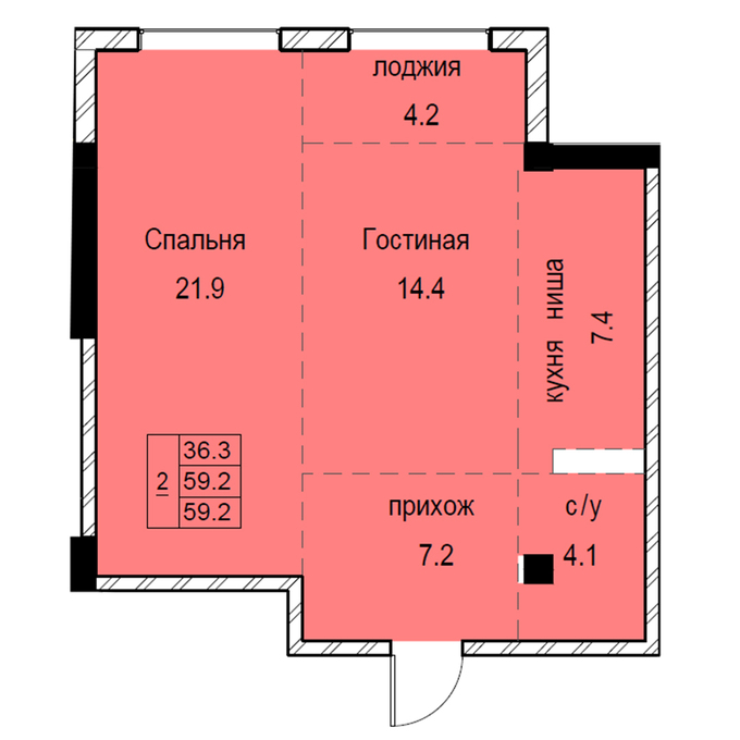 Планировка 2-комнатные квартиры, 59.2 m2 в ЖК Soho-17, в г. Алматы