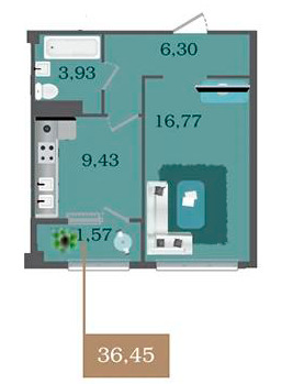 Планировка 1-комнатные квартиры, 36.45 m2 в ЖК Прайм Парк, в г. Шымкента