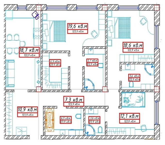 Планировка 3-комнатные квартиры, 123.9 m2 в ЖК Баракат, в г. Алматы