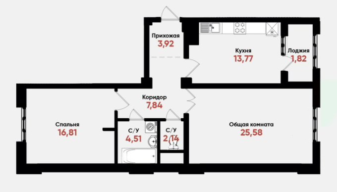 Планировка 2-комнатные квартиры, 76.39 m2 в ЖК Medina, в г. Шымкента