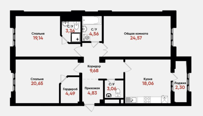 Планировка 3-комнатные квартиры, 114.7 m2 в ЖК Medina, в г. Шымкента