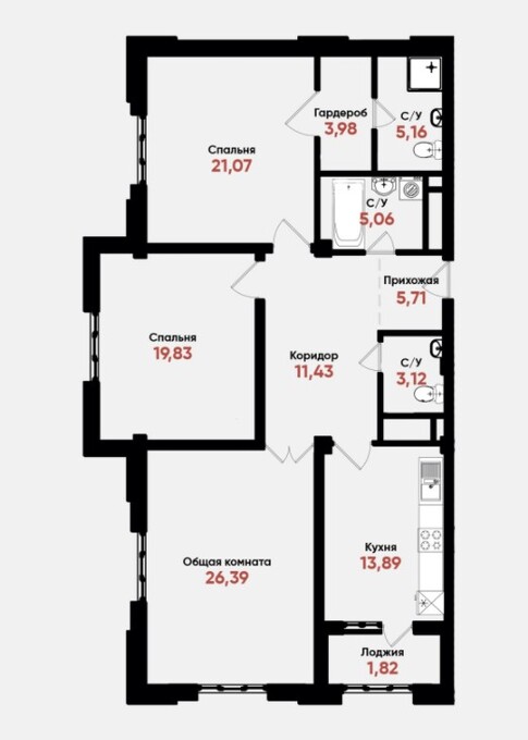 Планировка 3-комнатные квартиры, 117.46 m2 в ЖК Medina, в г. Шымкента