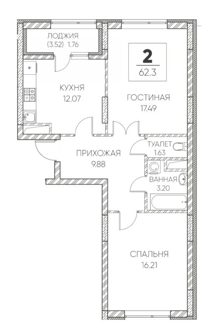 Планировка 2-комнатные квартиры, 62.3 m2 в ЖК Q-Life, в г. Нур-Султана (Астаны)
