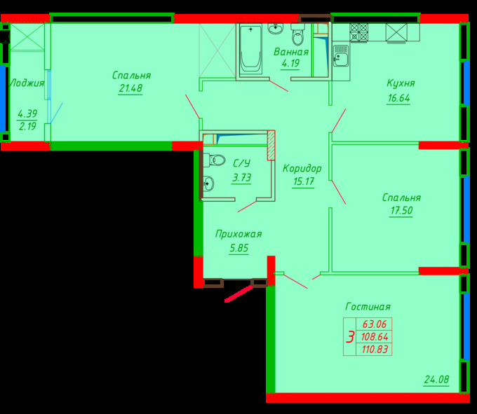 Планировка 3-комнатные квартиры, 110.83 m2 в ЖК Diana, в г. Нур-Султана (Астаны)