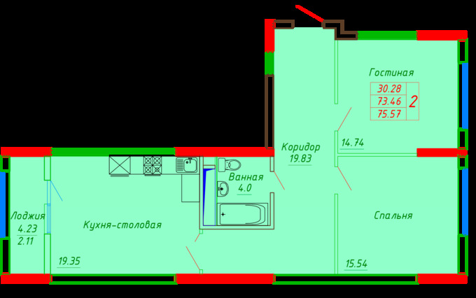Планировка 2-комнатные квартиры, 75.57 m2 в ЖК Diana, в г. Нур-Султана (Астаны)