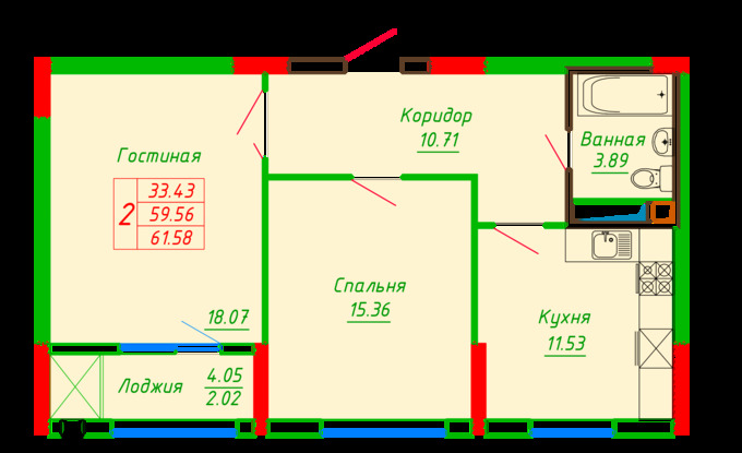Планировка 2-комнатные квартиры, 61.58 m2 в ЖК Diana, в г. Нур-Султана (Астаны)
