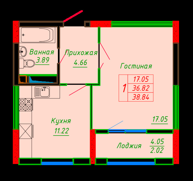 Планировка 1-комнатные квартиры, 38.84 m2 в ЖК Diana, в г. Нур-Султана (Астаны)